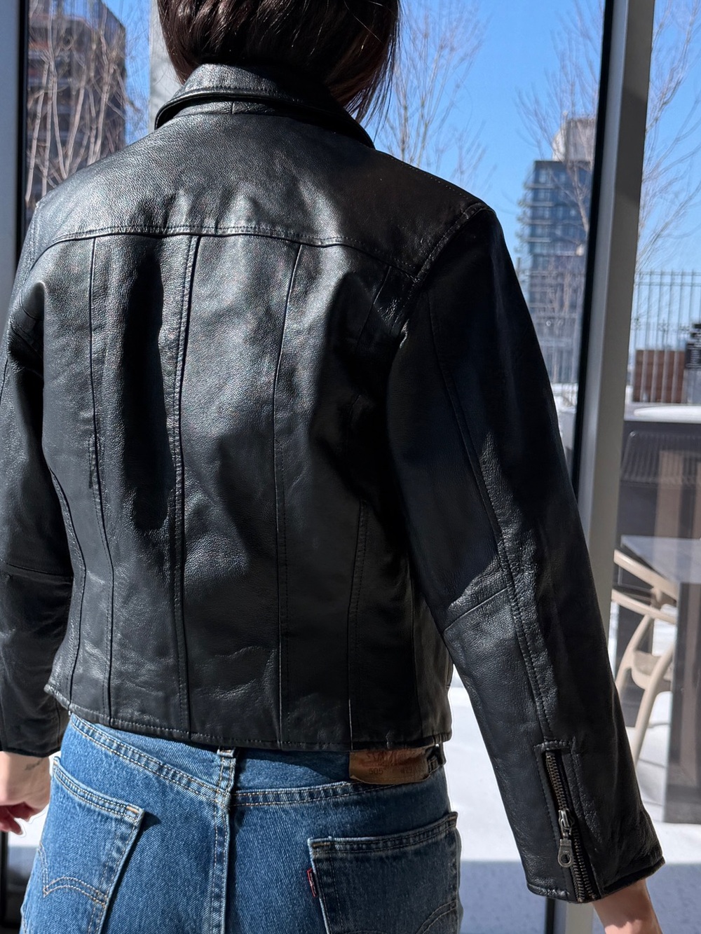 Vintage Black Leather Fitted Zip-Front Jacket - Picture 2 of 4